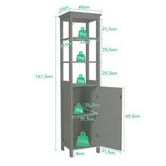 Armario de Baño Independiente con Estante de 3 Niveles y 1 Puerta Mueble Organizador Delgado para Salón Cocina 40 x 32 x 161,5 cm Gris