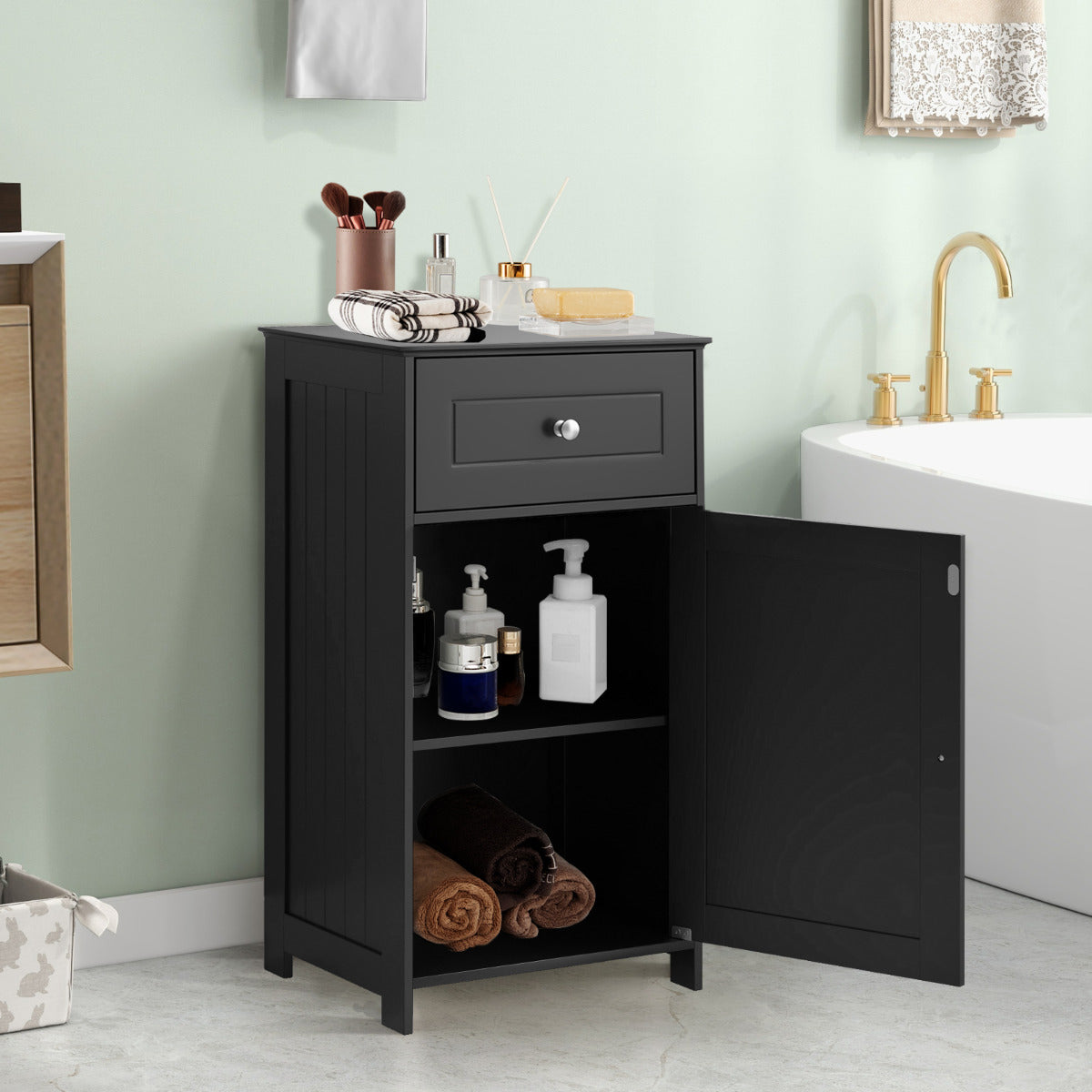 Armario de Baño para el Suelo Armario Independiente con Puerta Estante Ajustable Cajón para Sala Dormitorio Entrada 43 x 34 x 77 cm Negro