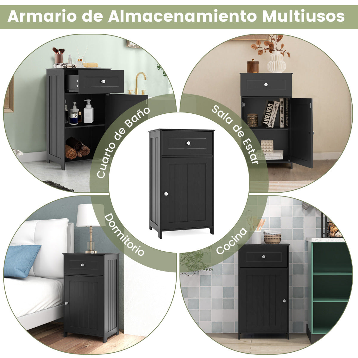 Armario de Baño para el Suelo Armario Independiente con Puerta Estante Ajustable Cajón para Sala Dormitorio Entrada 43 x 34 x 77 cm Negro