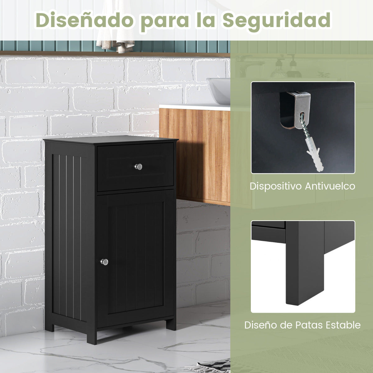 Armario de Baño para el Suelo Armario Independiente con Puerta Estante Ajustable Cajón para Sala Dormitorio Entrada 43 x 34 x 77 cm Negro