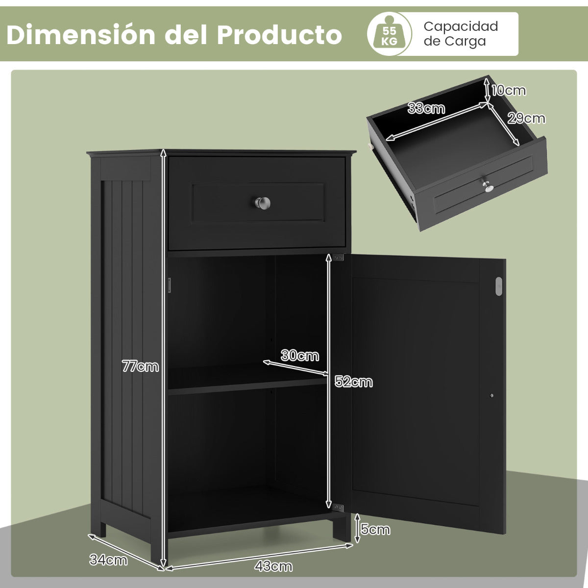 Armario de Baño para el Suelo Armario Independiente con Puerta Estante Ajustable Cajón para Sala Dormitorio Entrada 43 x 34 x 77 cm Negro