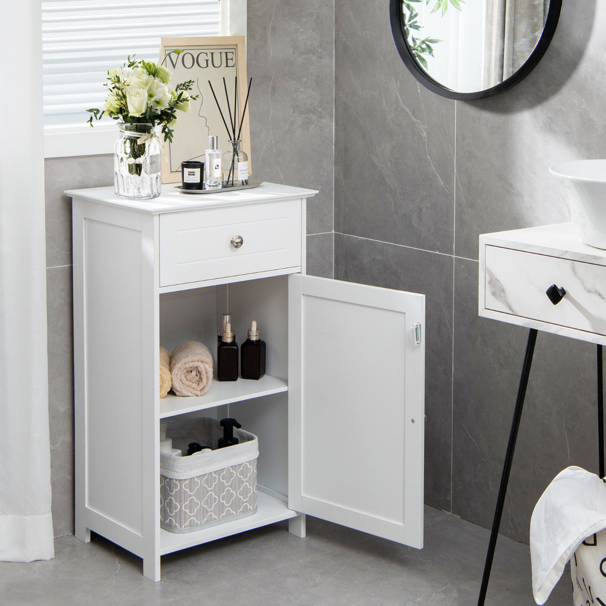 Armario de Baño para el Suelo Armario Independiente con Puerta Estante Ajustable Cajón para Sala Dormitorio Entrada 43 x 34 x 77 cm Blanco