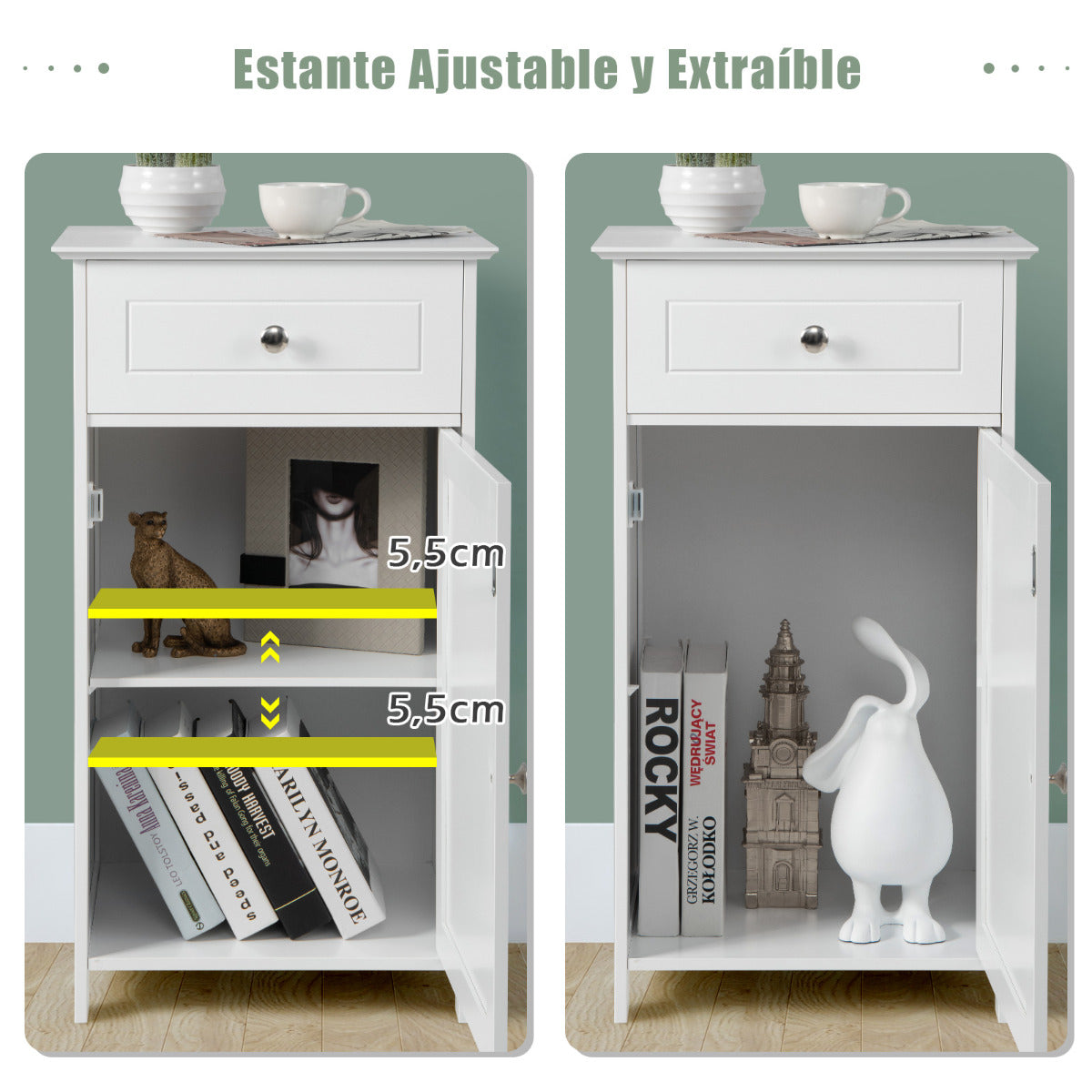 Armario de Baño para el Suelo Armario Independiente con Puerta Estante Ajustable Cajón para Sala Dormitorio Entrada 43 x 34 x 77 cm Blanco
