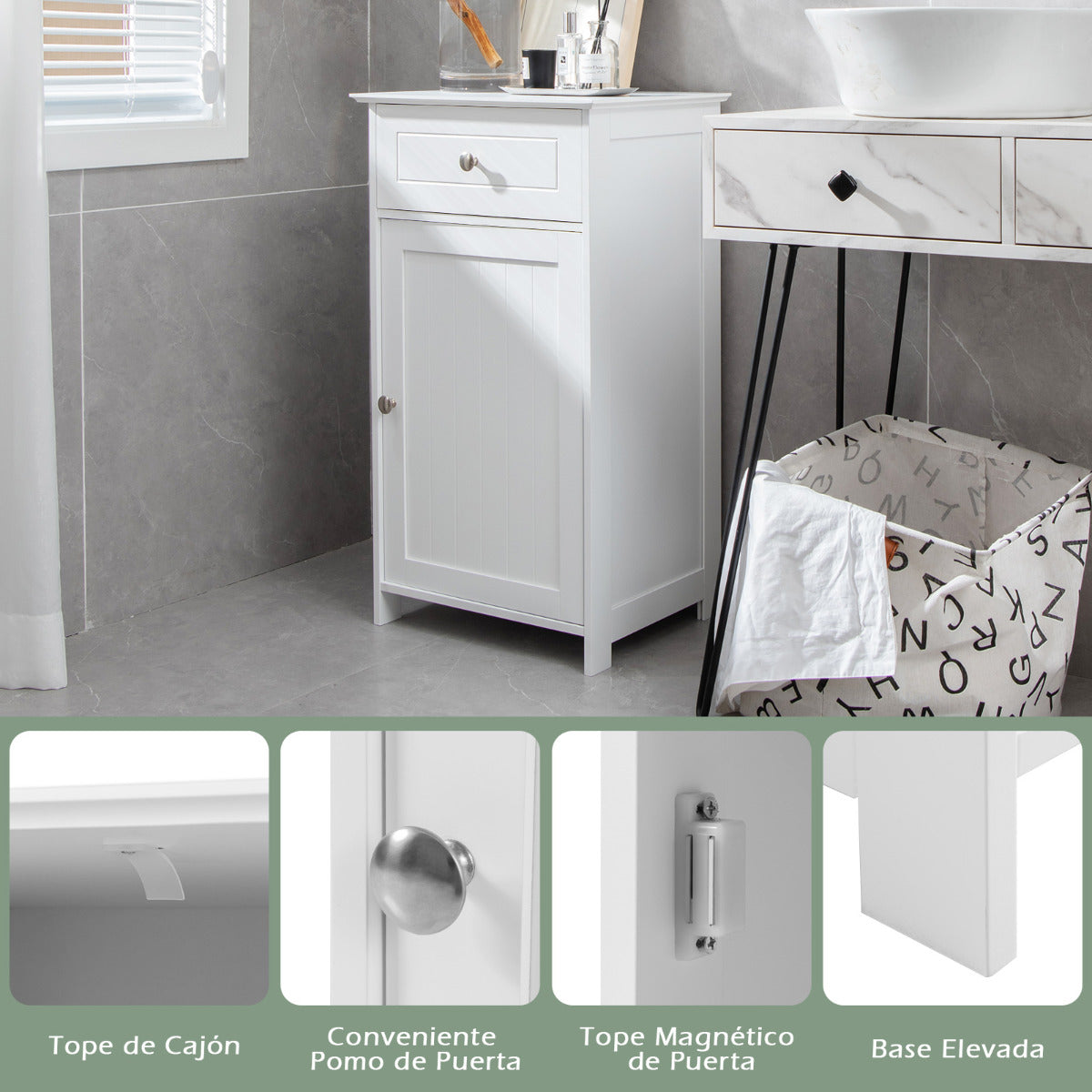 Armario de Baño para el Suelo Armario Independiente con Puerta Estante Ajustable Cajón para Sala Dormitorio Entrada 43 x 34 x 77 cm Blanco