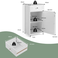Armario de Baño para el Suelo Armario Independiente con Puerta Estante Ajustable Cajón para Sala Dormitorio Entrada 43 x 34 x 77 cm Blanco