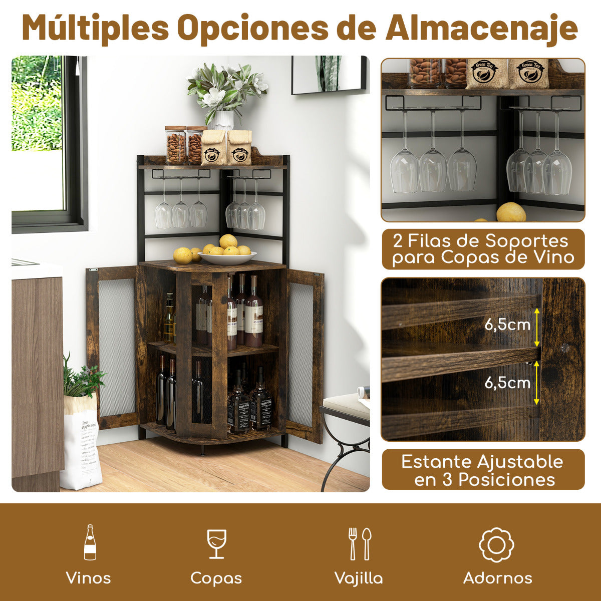 Armario de Barra en Esquina con Portavasos de Vidrio Puertas de Malla Metálica Estante Ajustable Armario de Vino para Cocina Marrón Oscuro