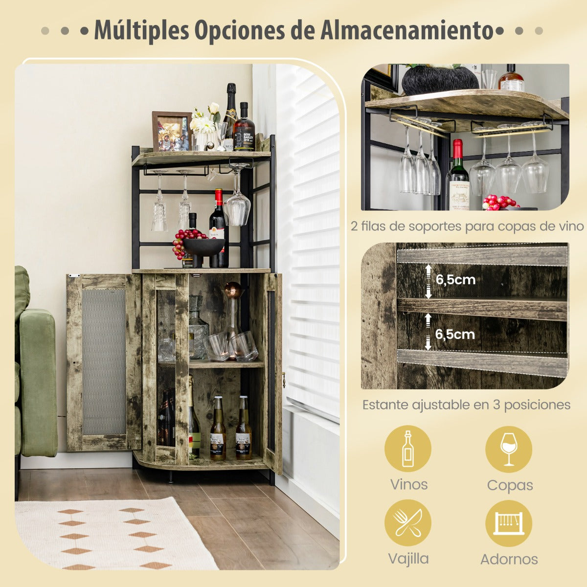 Armario de Barra en Esquina con Portavasos de Vidrio Puertas de Malla Metálica Estante Ajustable Armario de Vino para Cocina Comedor Marrón