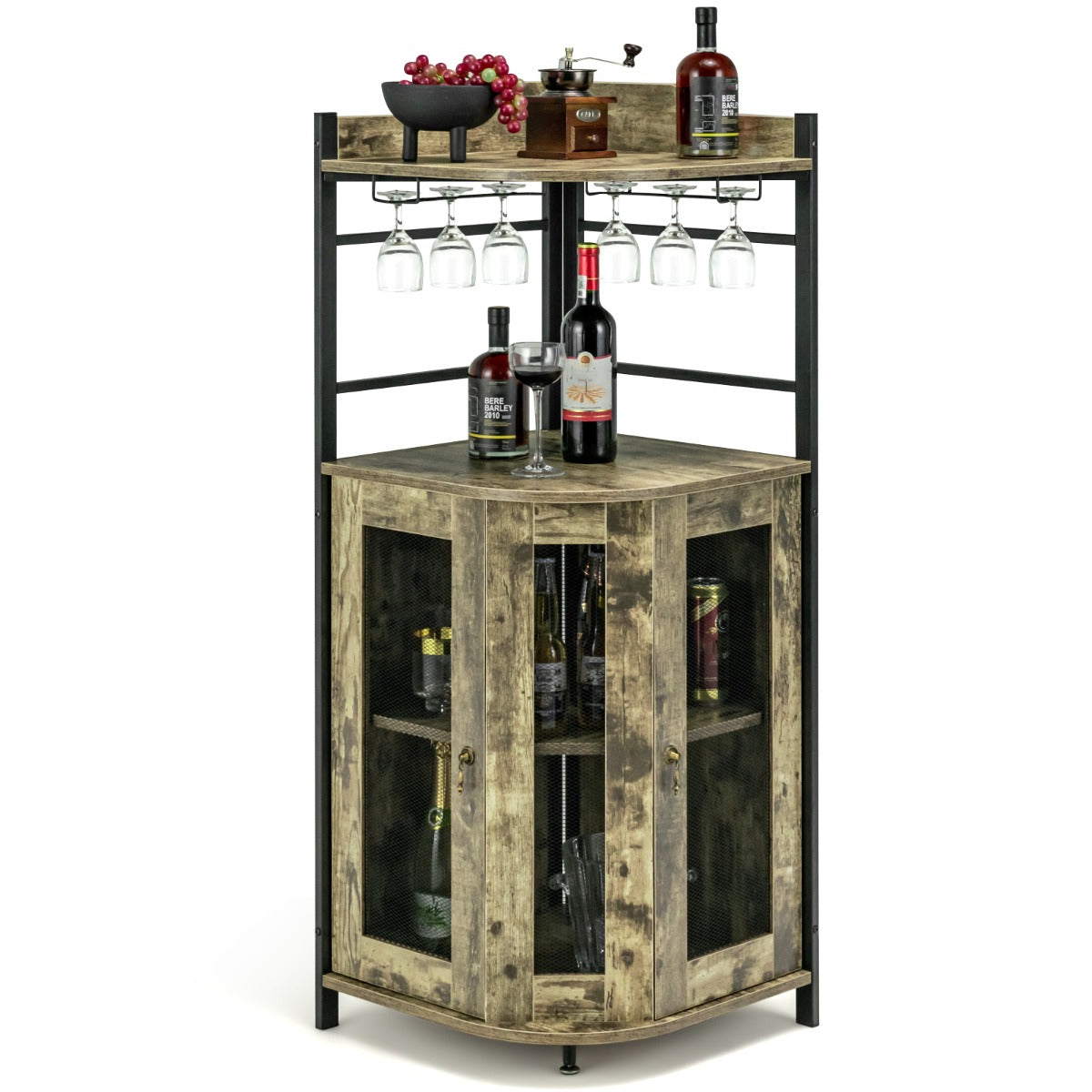 Armario de Barra en Esquina con Portavasos de Vidrio Puertas de Malla Metálica Estante Ajustable Armario de Vino para Cocina Comedor Marrón