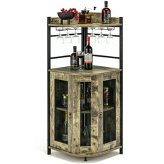 Armario de Barra en Esquina con Portavasos de Vidrio Puertas de Malla Metálica Estante Ajustable Armario de Vino para Cocina Comedor Marrón