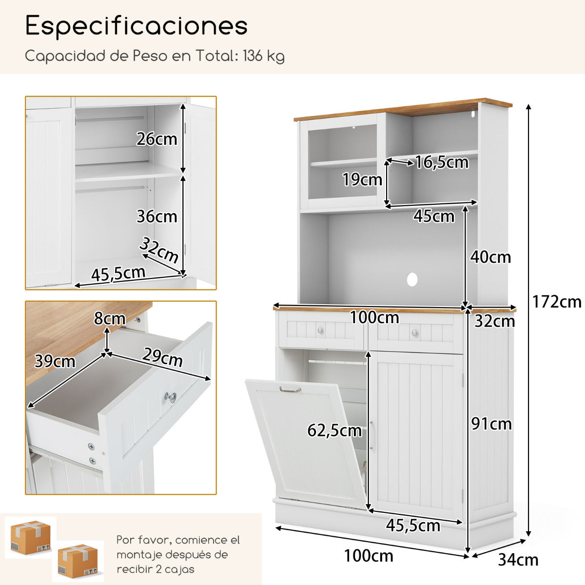 Armario de Basura con Puerta Abatible Doble Armario de Almacenaje de Cocina con Encimera de Madera de Caucho Cubo de Basura de 38 L Blanco