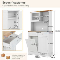 Armario de Basura con Puerta Abatible Doble Armario de Almacenaje de Cocina con Encimera de Madera de Caucho Cubo de Basura de 38 L Blanco