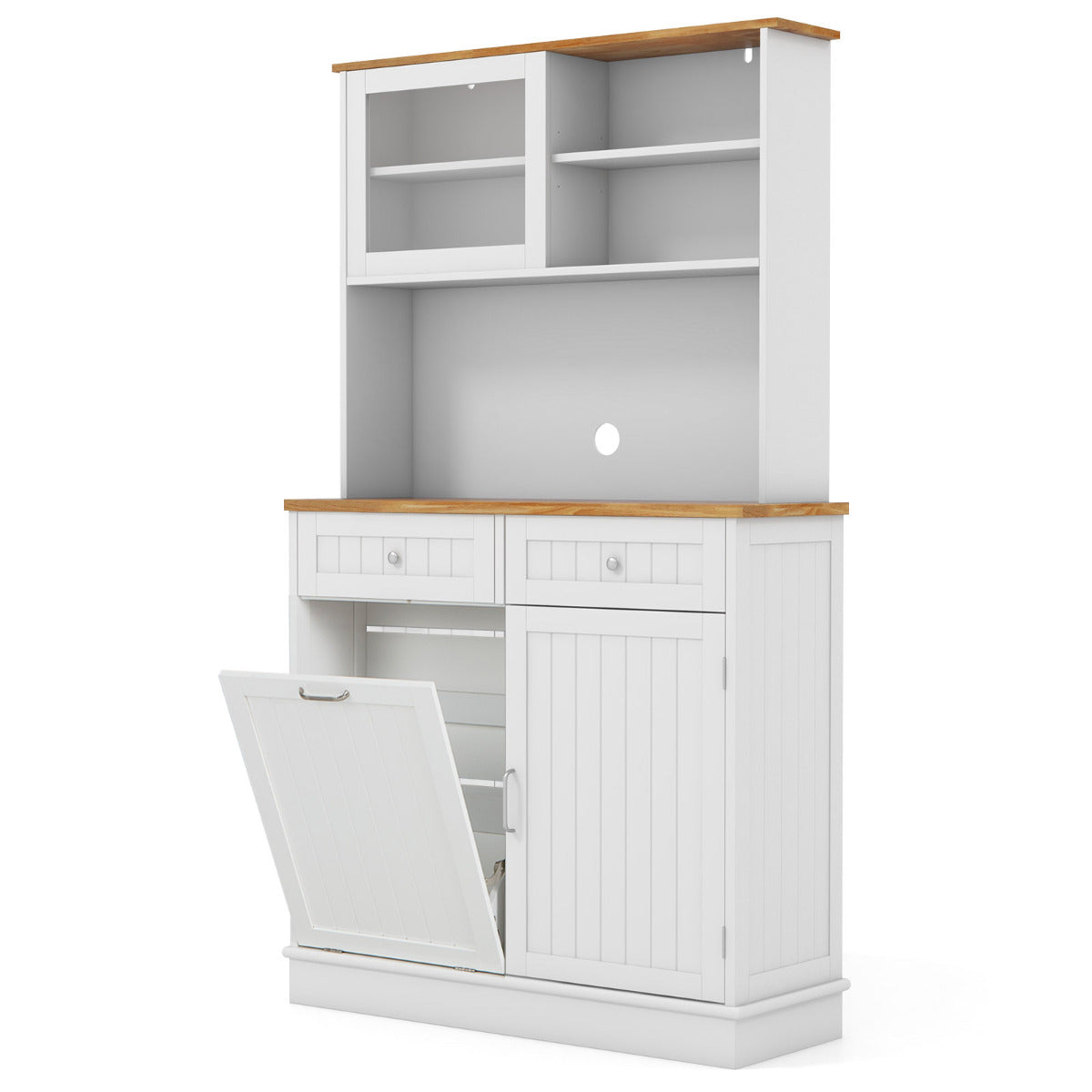 Armario de Basura con Puerta Abatible Doble Armario de Almacenaje de Cocina con Encimera de Madera de Caucho Cubo de Basura de 38 L Blanco
