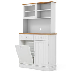 Armario de Basura con Puerta Abatible Doble Armario de Almacenaje de Cocina con Encimera de Madera de Caucho Cubo de Basura de 38 L Blanco