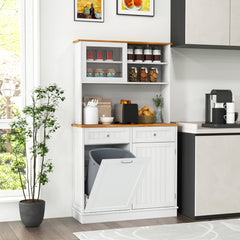 Armario de Basura con Puerta Abatible Doble Armario de Almacenaje de Cocina con Encimera de Madera de Caucho Cubo de Basura de 38 L Blanco