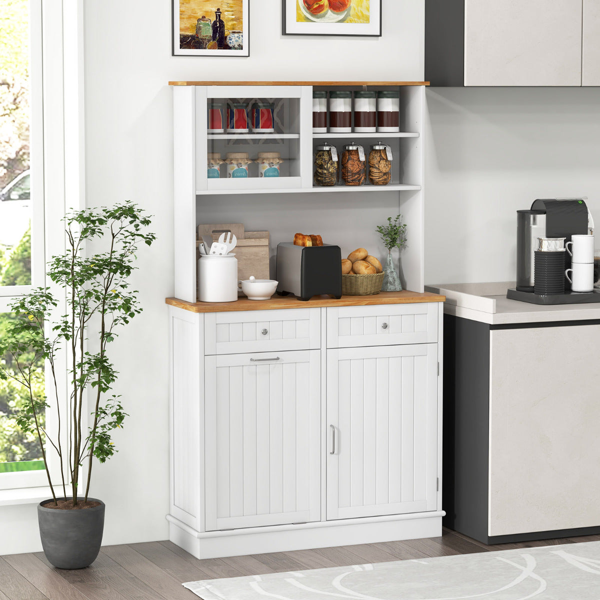 Armario de Basura con Puerta Abatible Doble Armario de Almacenaje de Cocina con Encimera de Madera de Caucho Cubo de Basura de 38 L Blanco