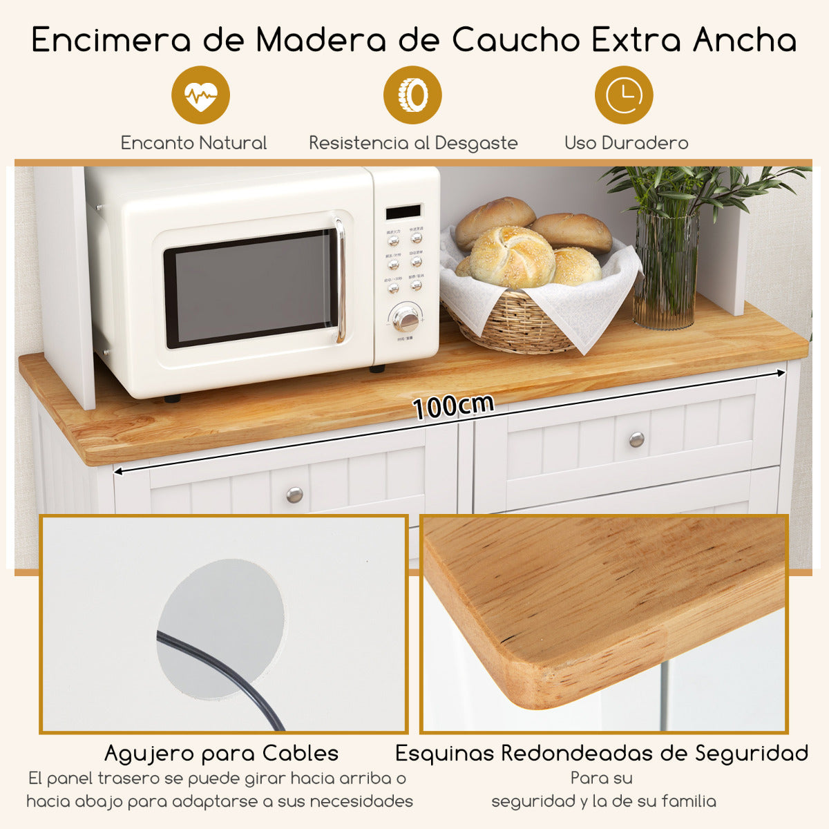 Armario de Basura con Puerta Abatible Doble Armario de Almacenaje de Cocina con Encimera de Madera de Caucho Cubo de Basura de 38 L Blanco