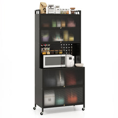 Armario de Cocina de 6 Niveles Armario Buffet con Estantes Puertas Abatibles Encimera para Microonda Estantería Aparador para Comedor Negro