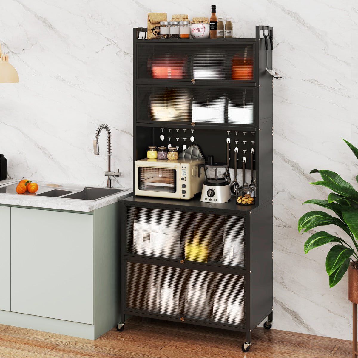 Armario de Cocina de 6 Niveles Armario Buffet con Estantes Puertas Abatibles Encimera para Microonda Estantería Aparador para Comedor Negro