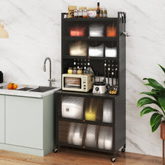 Armario de Cocina de 6 Niveles Armario Buffet con Estantes Puertas Abatibles Encimera para Microonda Estantería Aparador para Comedor Negro
