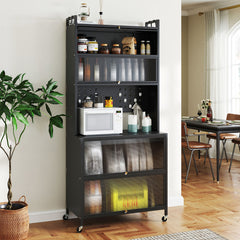 Armario de Cocina de 6 Niveles Armario Buffet con Estantes Puertas Abatibles Encimera para Microonda Estantería Aparador para Comedor Negro