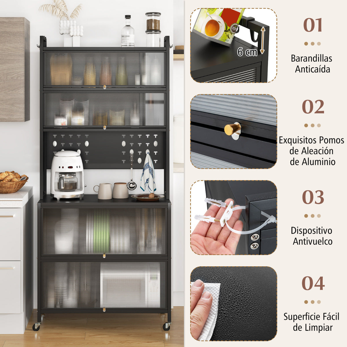 Armario de Cocina de 6 Niveles Armario Buffet con Estantes Puertas Abatibles Encimera para Microonda Estantería Aparador para Comedor Negro
