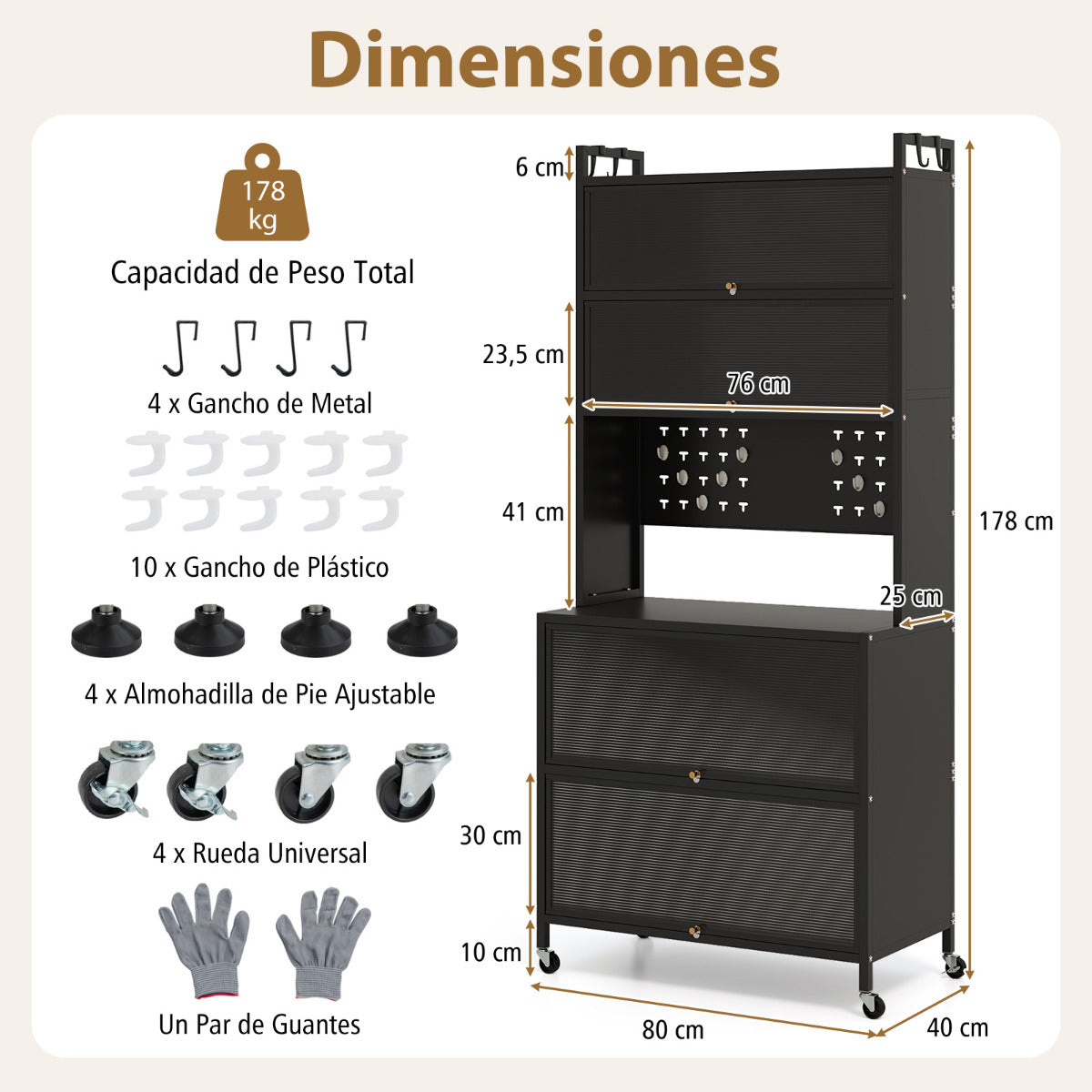 Armario de Cocina de 6 Niveles Armario Buffet con Estantes Puertas Abatibles Encimera para Microonda Estantería Aparador para Comedor Negro