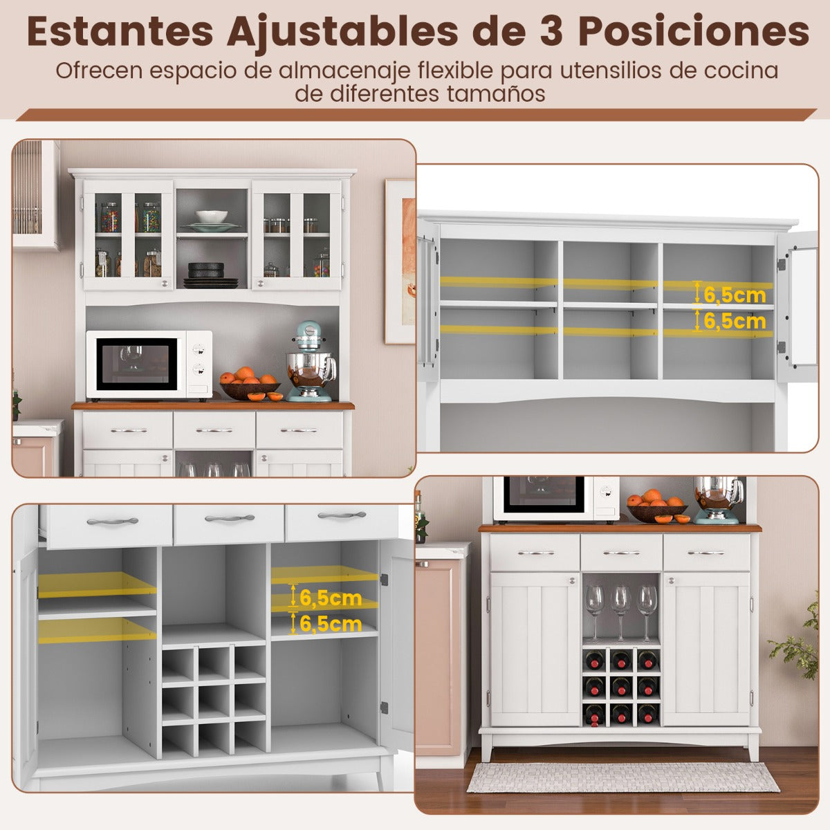 Armario de Cocina con Vitrina de Vidrio Templado Porta Botellas de Vino Estantes Ajustables 106 x 41,5 x 184,5 cm