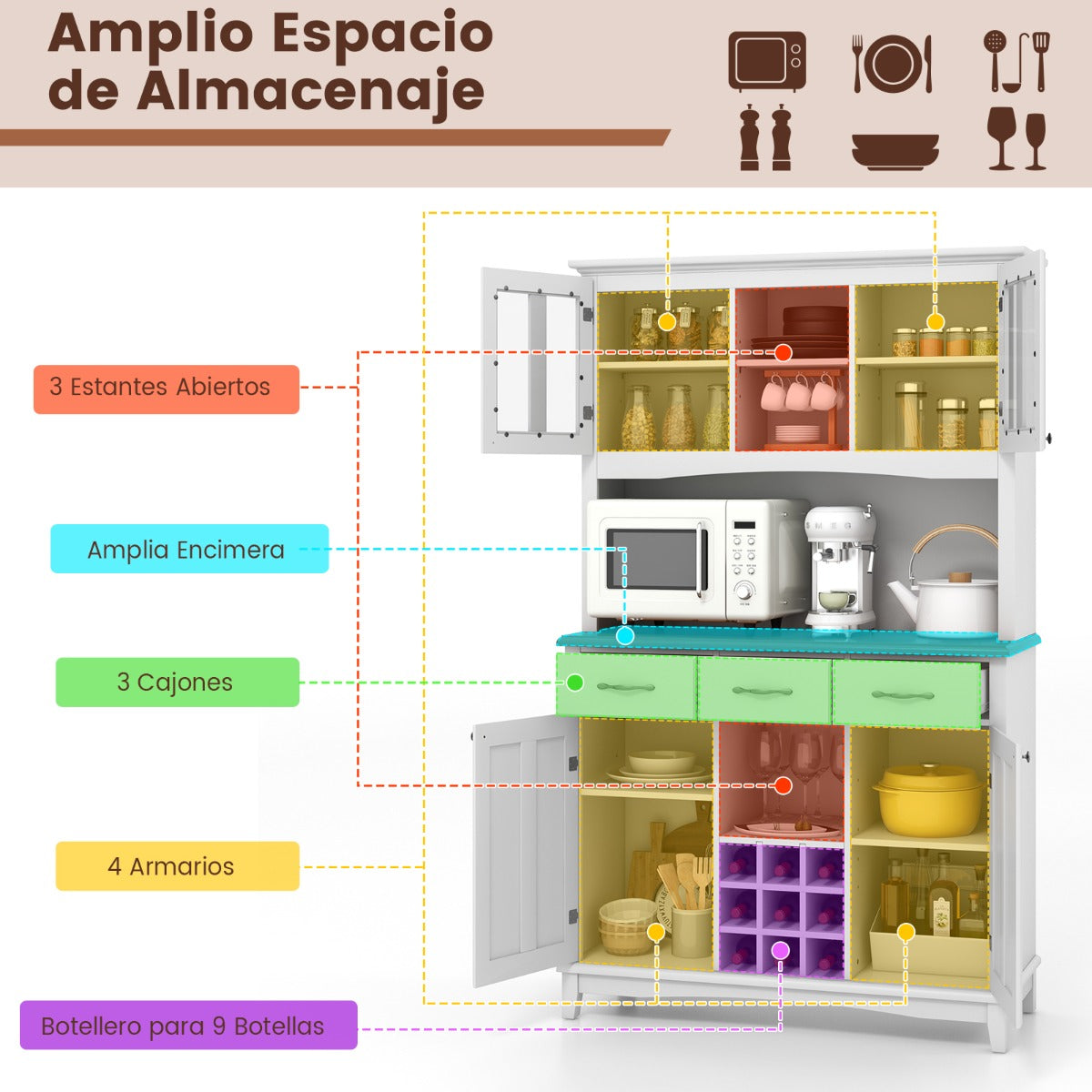 Armario de Cocina con Vitrina de Vidrio Templado Porta Botellas de Vino Estantes Ajustables 106 x 41,5 x 184,5 cm