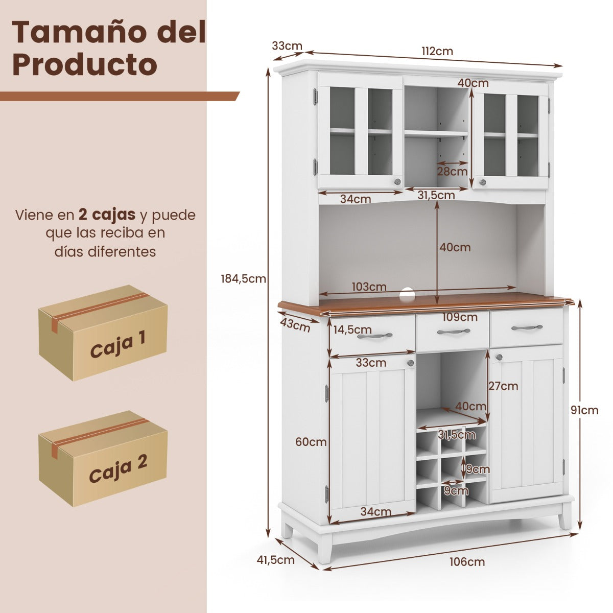 Armario de Cocina con Vitrina de Vidrio Templado Porta Botellas de Vino Estantes Ajustables 106 x 41,5 x 184,5 cm