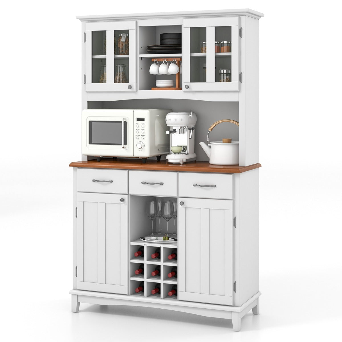 Armario de Cocina con Vitrina de Vidrio Templado Porta Botellas de Vino Estantes Ajustables 106 x 41,5 x 184,5 cm