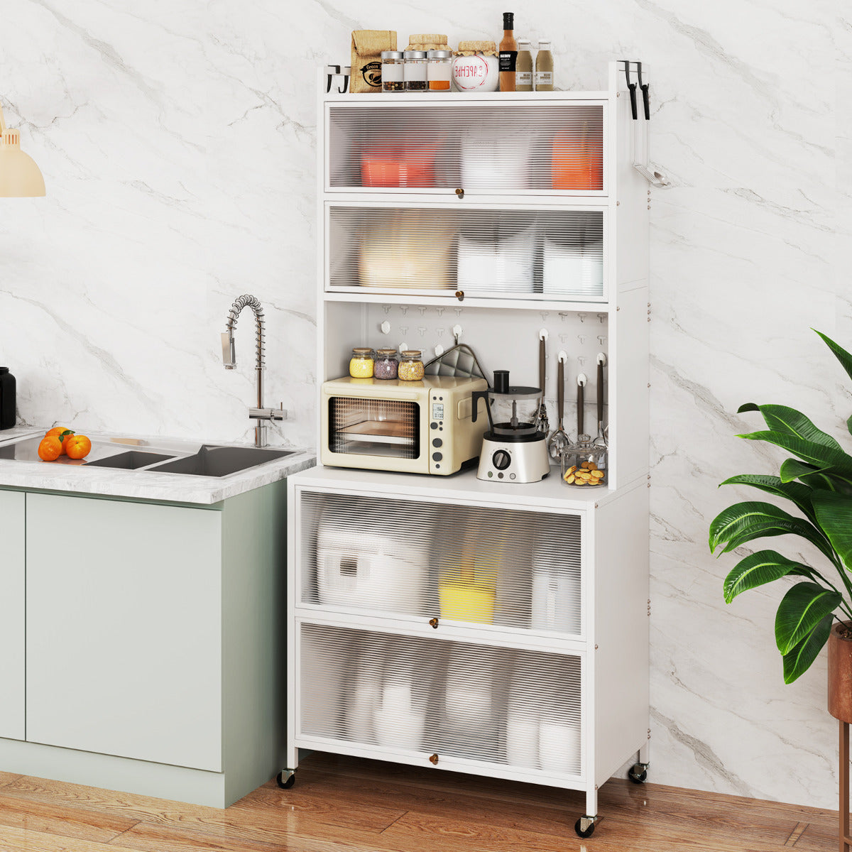 Armario de Cocina de 6 Niveles Armario Buffet con Estantes Puertas Abatibles Encimera para Microonda Estantería Aparador para Comedor Blanco