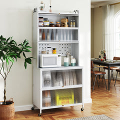 Armario de Cocina de 6 Niveles Armario Buffet con Estantes Puertas Abatibles Encimera para Microonda Estantería Aparador para Comedor Blanco