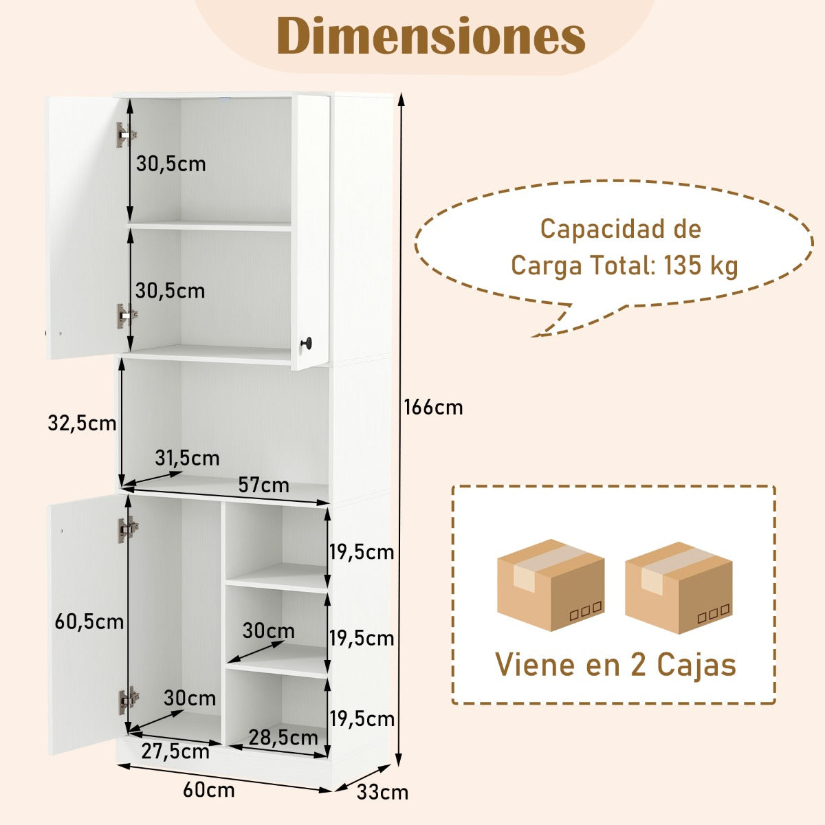 Armario de Almacenaje de Despensa para Cocina Alto de 166 cm con Soporte para Microondas Aparador Buffet con Puertas y Estantes Blanco