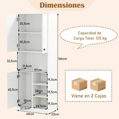 Armario de Almacenaje de Despensa para Cocina Alto de 166 cm con Soporte para Microondas Aparador Buffet con Puertas y Estantes Blanco