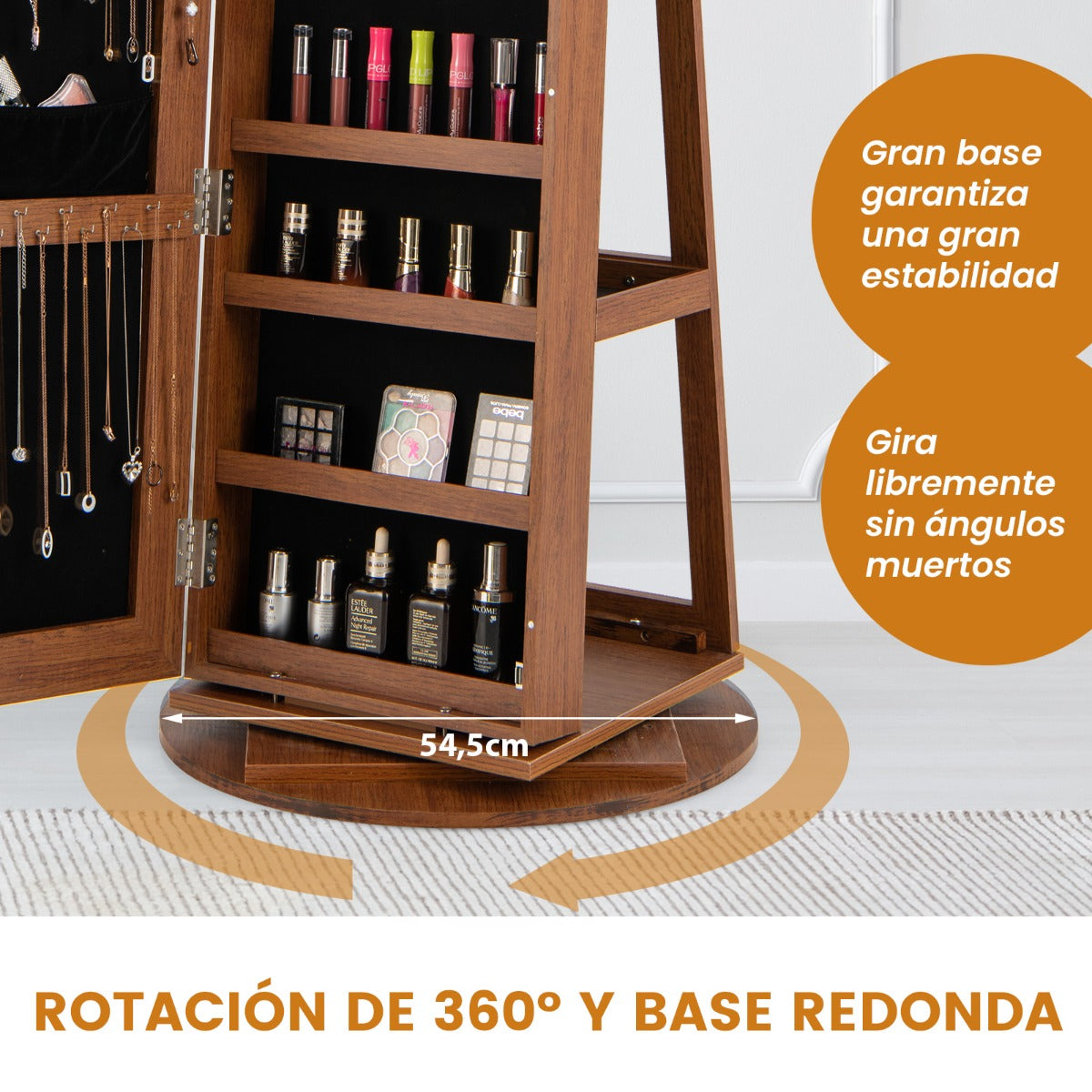 Armario Joyero Giratorio 360°con Luces LED Estantes de Almacenamiento Espejo de Cuerpo Entero 54,5 x 161 cm-Marrón