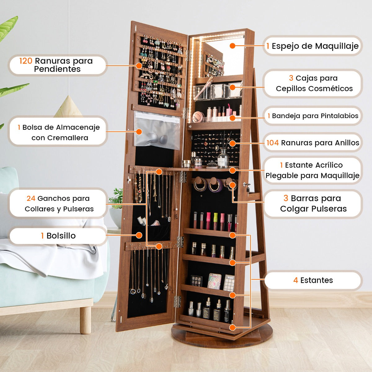 Armario Joyero Giratorio 360°con Luces LED Estantes de Almacenamiento Espejo de Cuerpo Entero 54,5 x 161 cm-Marrón