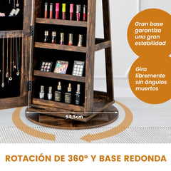 Armario Joyero Giratorio 360°con Luces LED Estantes de Almacenamiento Espejo de Cuerpo Entero 54,5 x 161 cm-Marrón oscuro