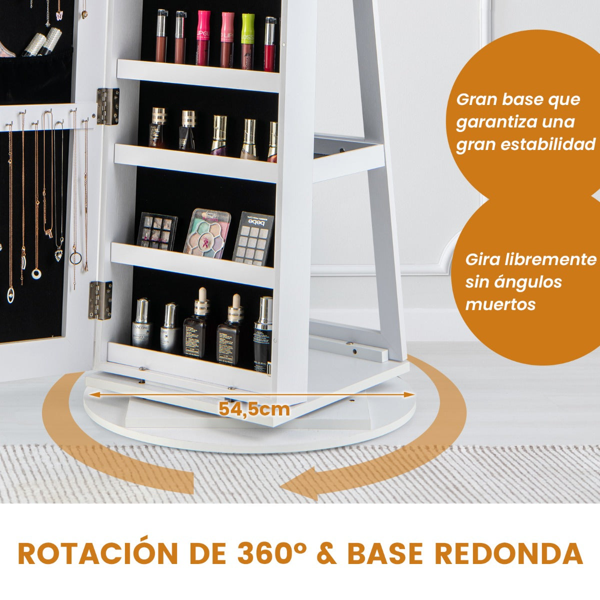 Armario Joyero Giratorio 360°con Luces LED Estantes de Almacenamiento Espejo de Cuerpo Entero 54,5 x 161 cm-Blanco