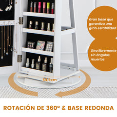Armario Joyero Giratorio 360°con Luces LED Estantes de Almacenamiento Espejo de Cuerpo Entero 54,5 x 161 cm-Blanco