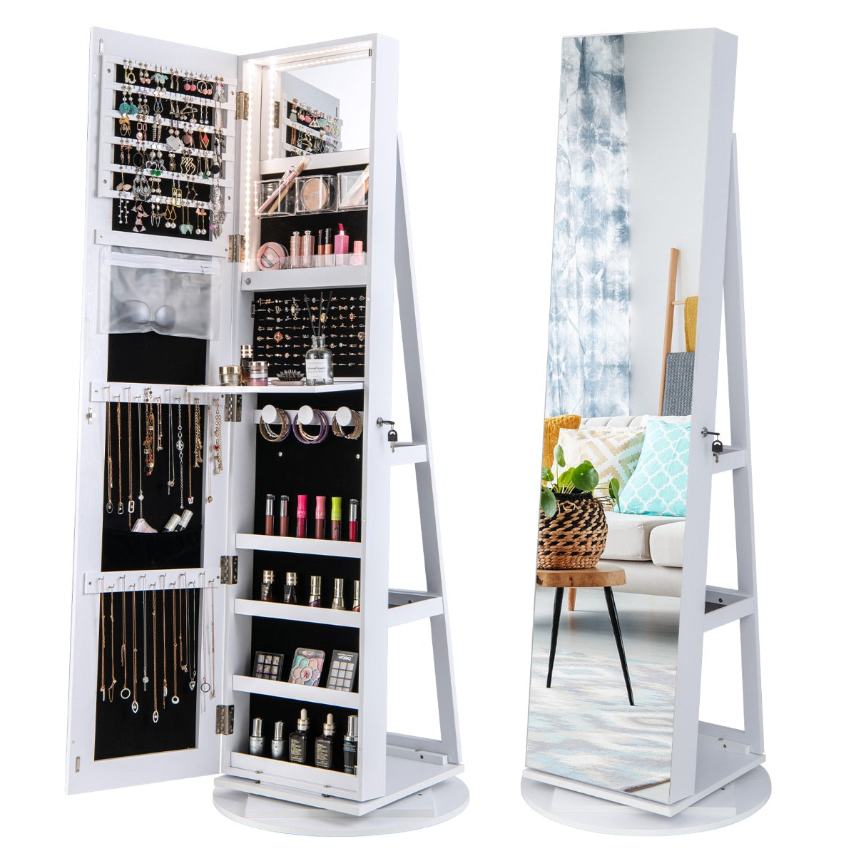 Armario Joyero Giratorio 360°con Luces LED Estantes de Almacenamiento Espejo de Cuerpo Entero 54,5 x 161 cm-Blanco
