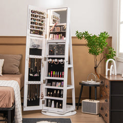 Armario Joyero Giratorio 360°con Luces LED Estantes de Almacenamiento Espejo de Cuerpo Entero 54,5 x 161 cm-Blanco