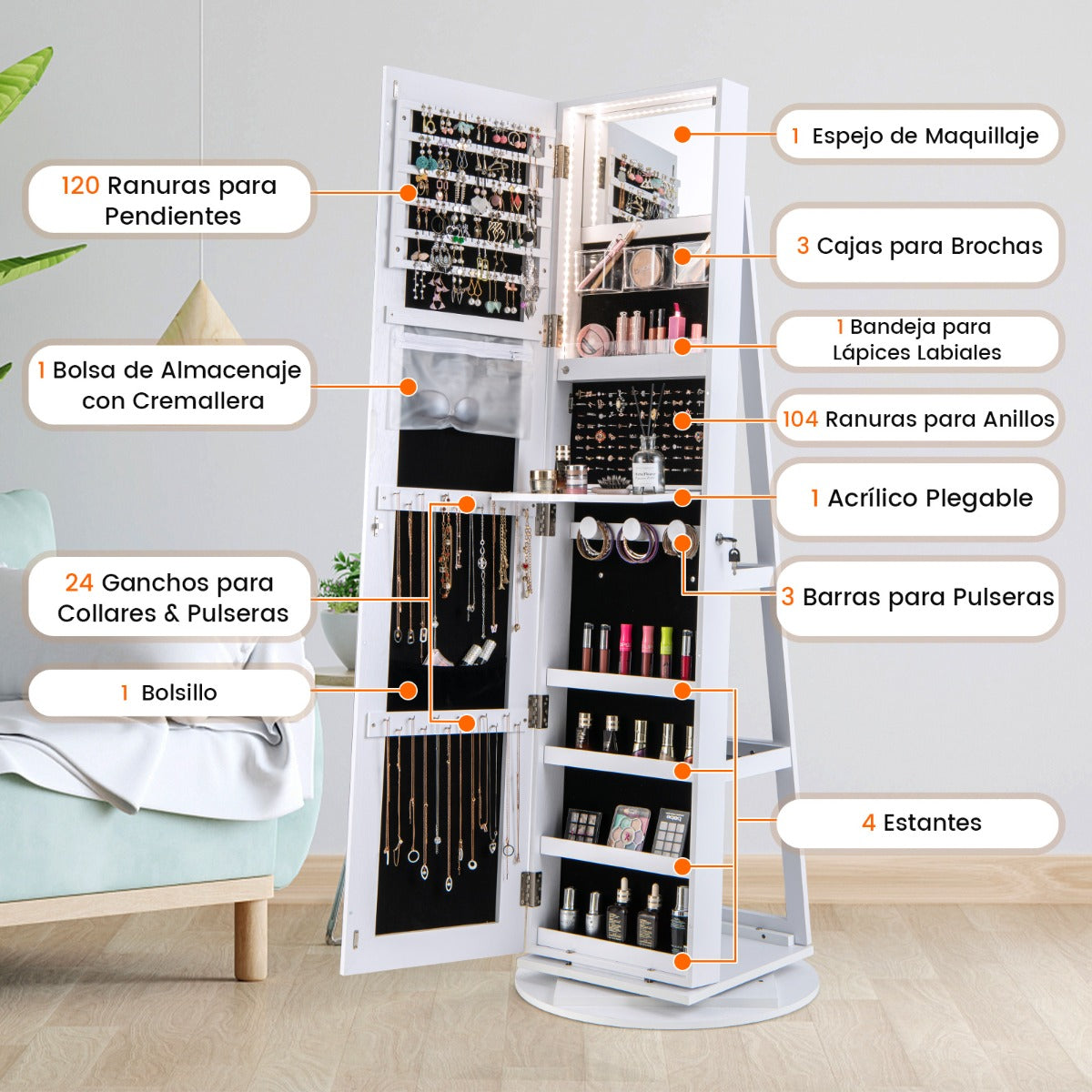 Armario Joyero Giratorio 360°con Luces LED Estantes de Almacenamiento Espejo de Cuerpo Entero 54,5 x 161 cm-Blanco