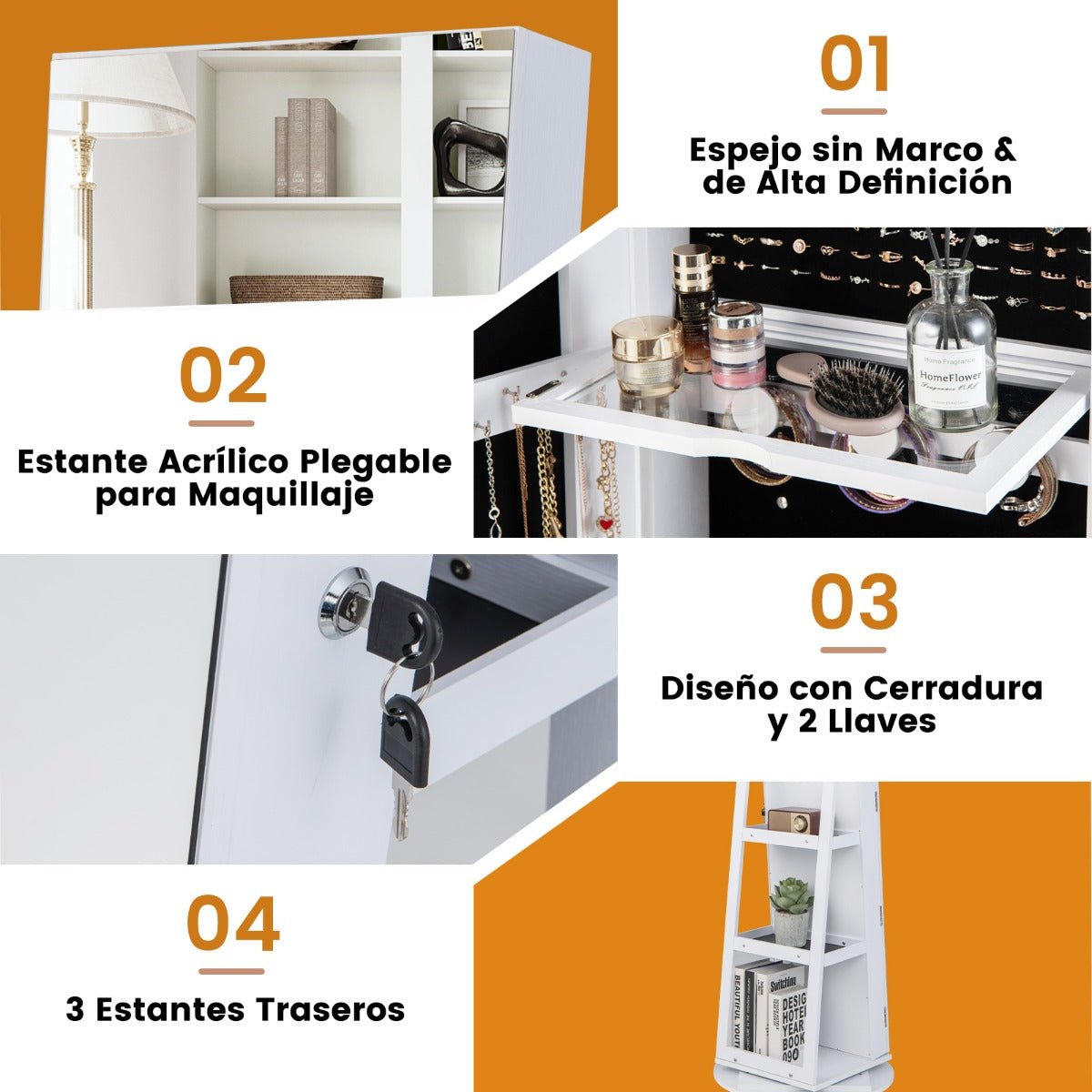 Armario Joyero Giratorio 360°con Luces LED Estantes de Almacenamiento Espejo de Cuerpo Entero 54,5 x 161 cm-Blanco