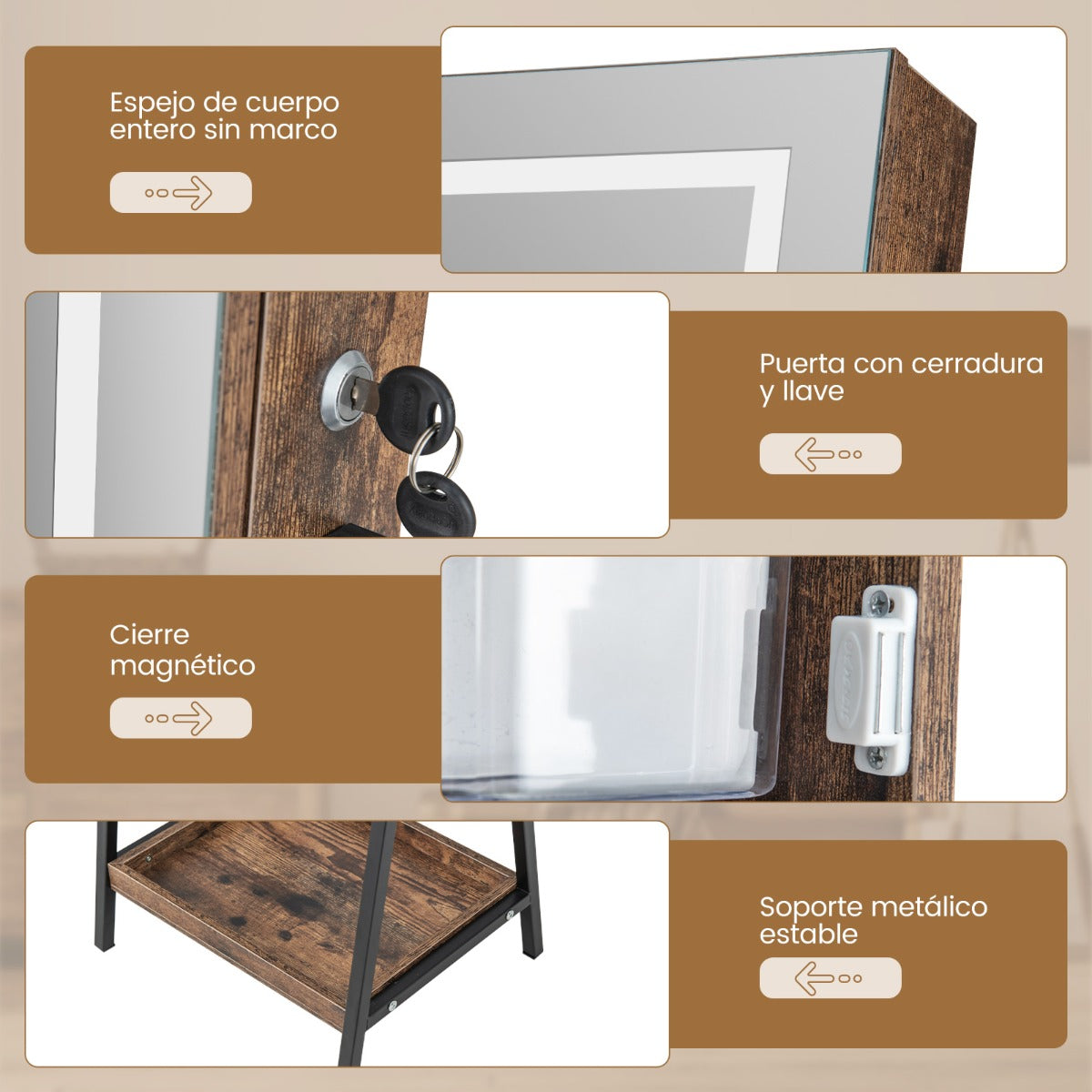 Armario de Joyería Independiente con Espejo LED Cerradura Espejo de Cuerpo Entero Forro de Terciopelo para Dormitorio Vestidor Marrón
