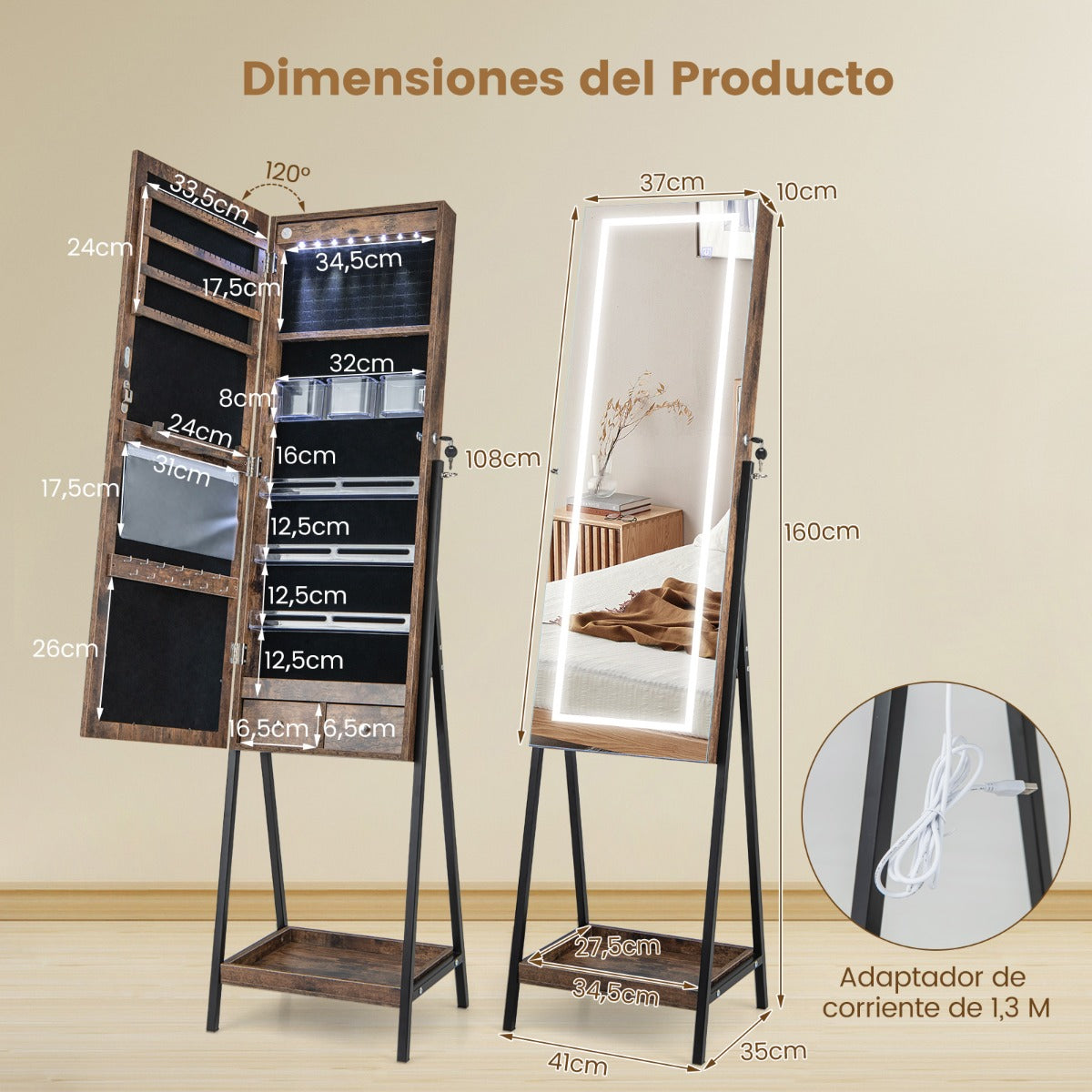 Armario de Joyería Independiente con Espejo LED Cerradura Espejo de Cuerpo Entero Forro de Terciopelo para Dormitorio Vestidor Marrón