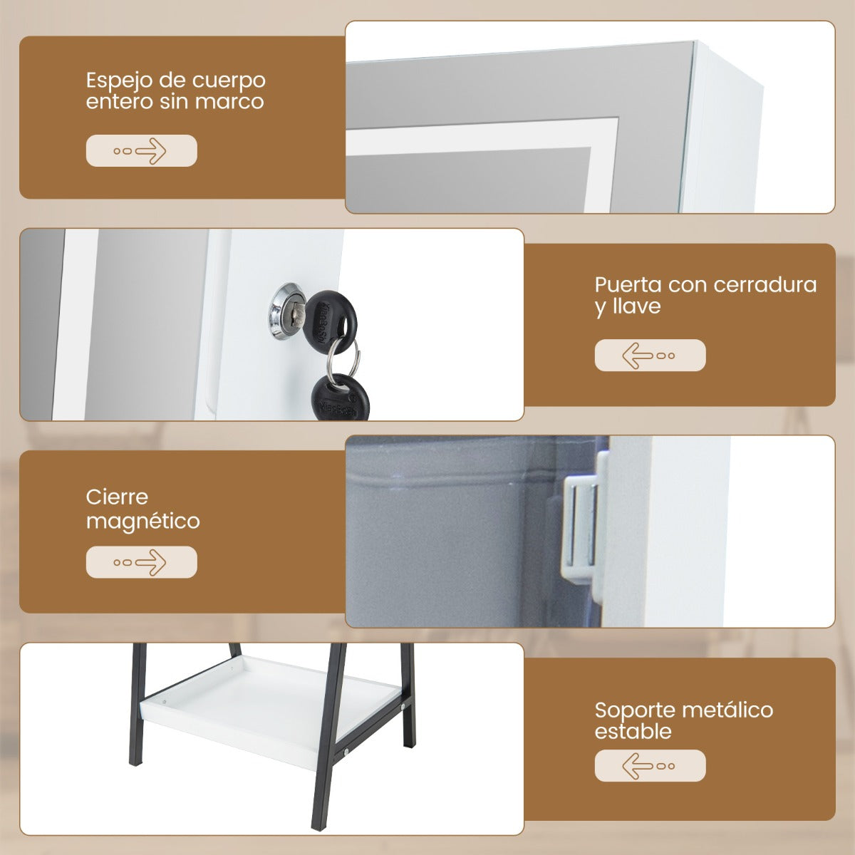 Armario de Joyería Independiente con Espejo LED Cerradura Espejo de Cuerpo Entero Forro de Terciopelo para Dormitorio Vestidor Blanco