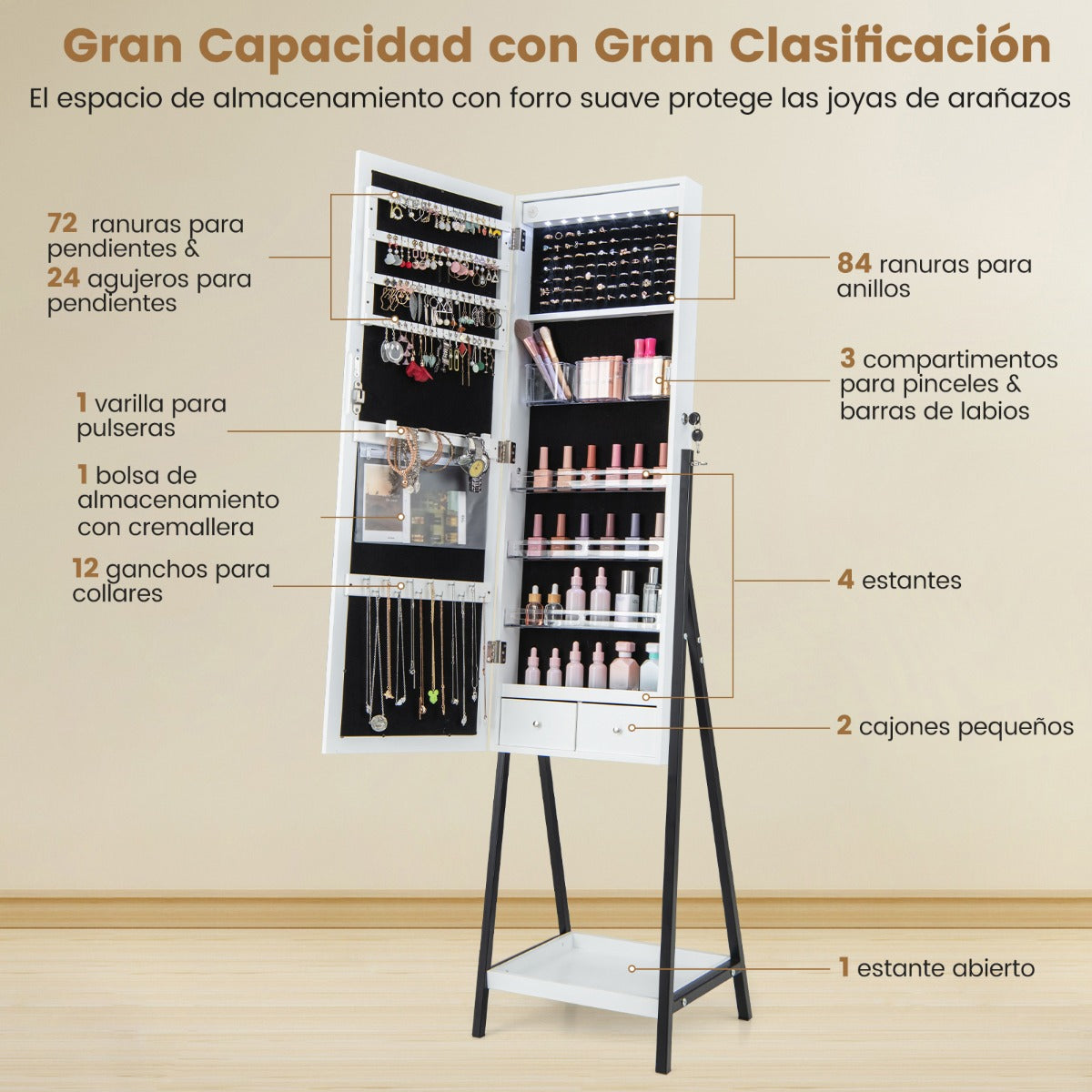 Armario de Joyería Independiente con Espejo LED Cerradura Espejo de Cuerpo Entero Forro de Terciopelo para Dormitorio Vestidor Blanco