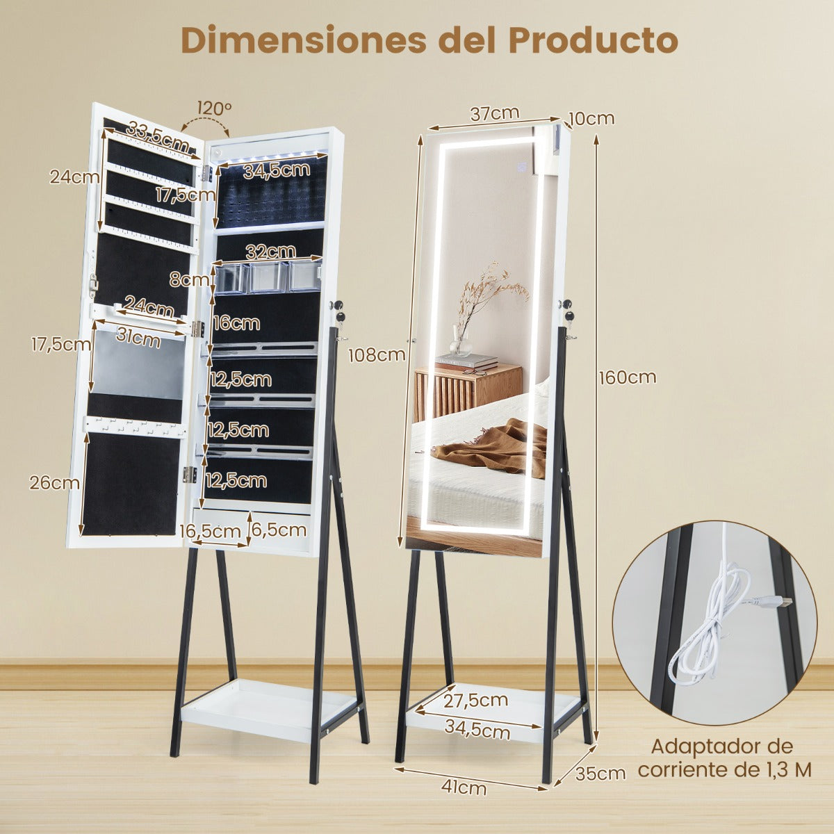 Armario de Joyería Independiente con Espejo LED Cerradura Espejo de Cuerpo Entero Forro de Terciopelo para Dormitorio Vestidor Blanco