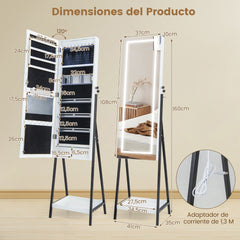 Armario de Joyería Independiente con Espejo LED Cerradura Espejo de Cuerpo Entero Forro de Terciopelo para Dormitorio Vestidor Blanco