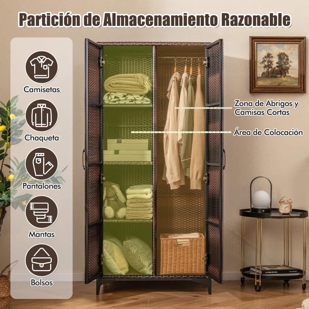 Armario de Mimbre con 2 Puertas de PE con Barra para Colgar y 4 Cubos de Almacenamiento Organizador de Ropa para Hogar Patio Garaje Marrón